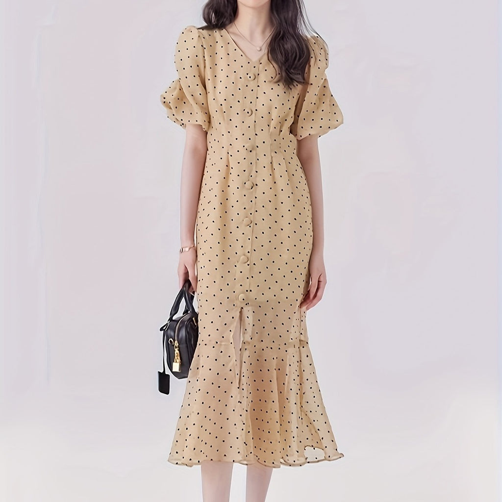 Elegant French-Inspired V-Neck Polka Dot Dress with Puff Sleeves - High Waist, Flowy Summer Dress for Women, Beige, Retro Style, Elegant Event Wear | Frenchinspired Dress | Polyester Fabric