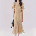 Elegant French-Inspired V-Neck Polka Dot Dress with Puff Sleeves - High Waist, Flowy Summer Dress for Women, Beige, Retro Style, Elegant Event Wear | Frenchinspired Dress | Polyester Fabric