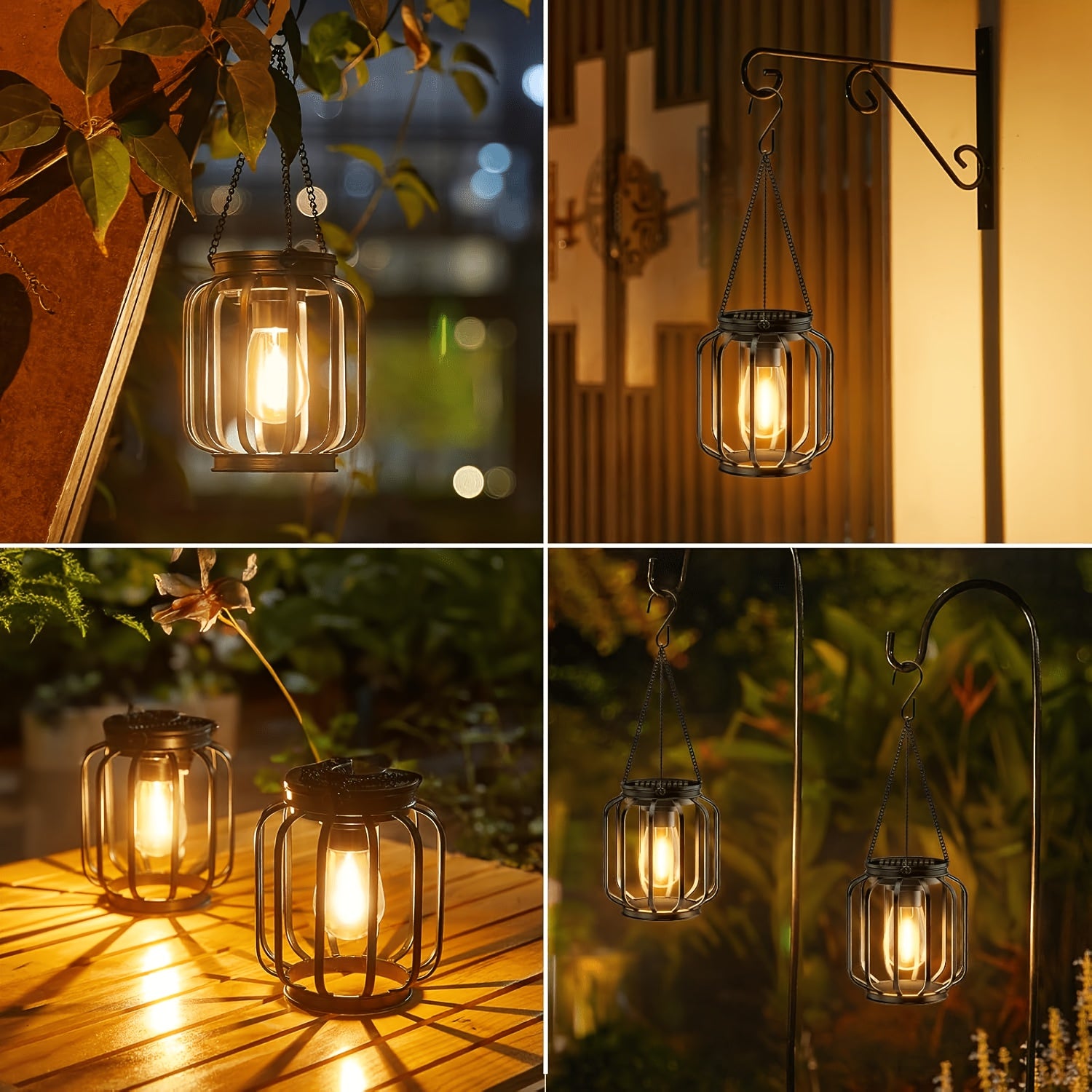 Two Solar Powered Outdoor Lantern Hanging Lights, IP65, Automatic Black Lantern Switch, Suitable for Porch, Garden, Wedding, Christmas, All Season Use, Built-In Solar Panel Retro Metal Outdoor Lighting Fixtures