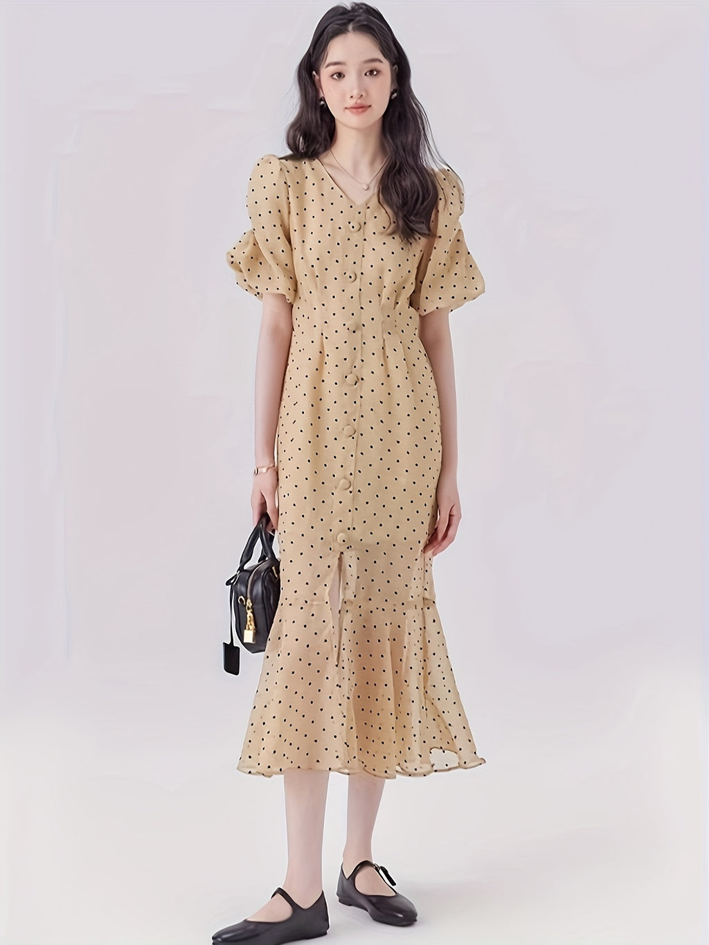 Elegant French-Inspired V-Neck Polka Dot Dress with Puff Sleeves - High Waist, Flowy Summer Dress for Women, Beige, Retro Style, Elegant Event Wear | Frenchinspired Dress | Polyester Fabric