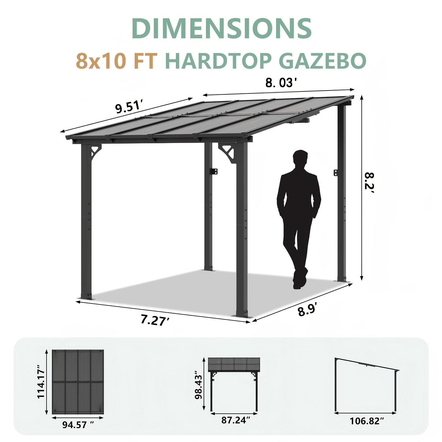16' X 10' Gazebo - Hard Top Lean-To Wall Mounted Aluminum Alloy Awning with Canopy Roof, Outdoor All-Weather Cover for Patio, Backyard, Deck, Shade And Rain Protection