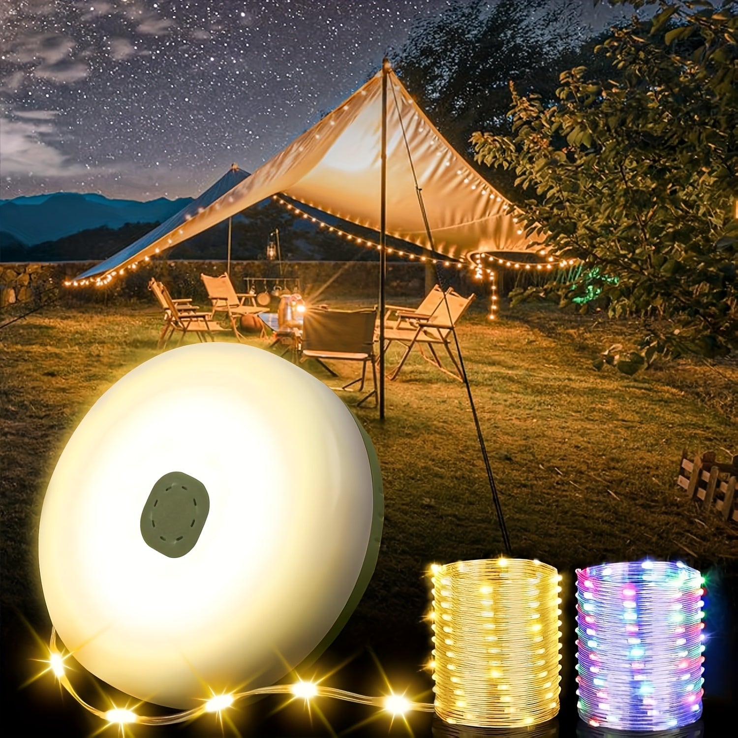 Solar Camping String Lights 39.4ft Fairy String Lights 150 LED Portable Camping Lamp with 8 Lighting Modes Hanging USB Rechargeable Tent Lantern for Awning Garden Party Decor Remote Control