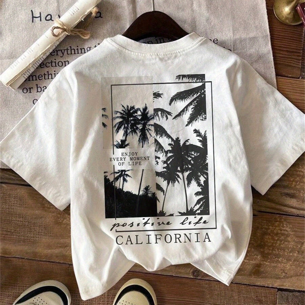 Boys' Casual California Palm Tree Graphic T-Shirt - White Crew Neck Short Sleeve Summer Top with \