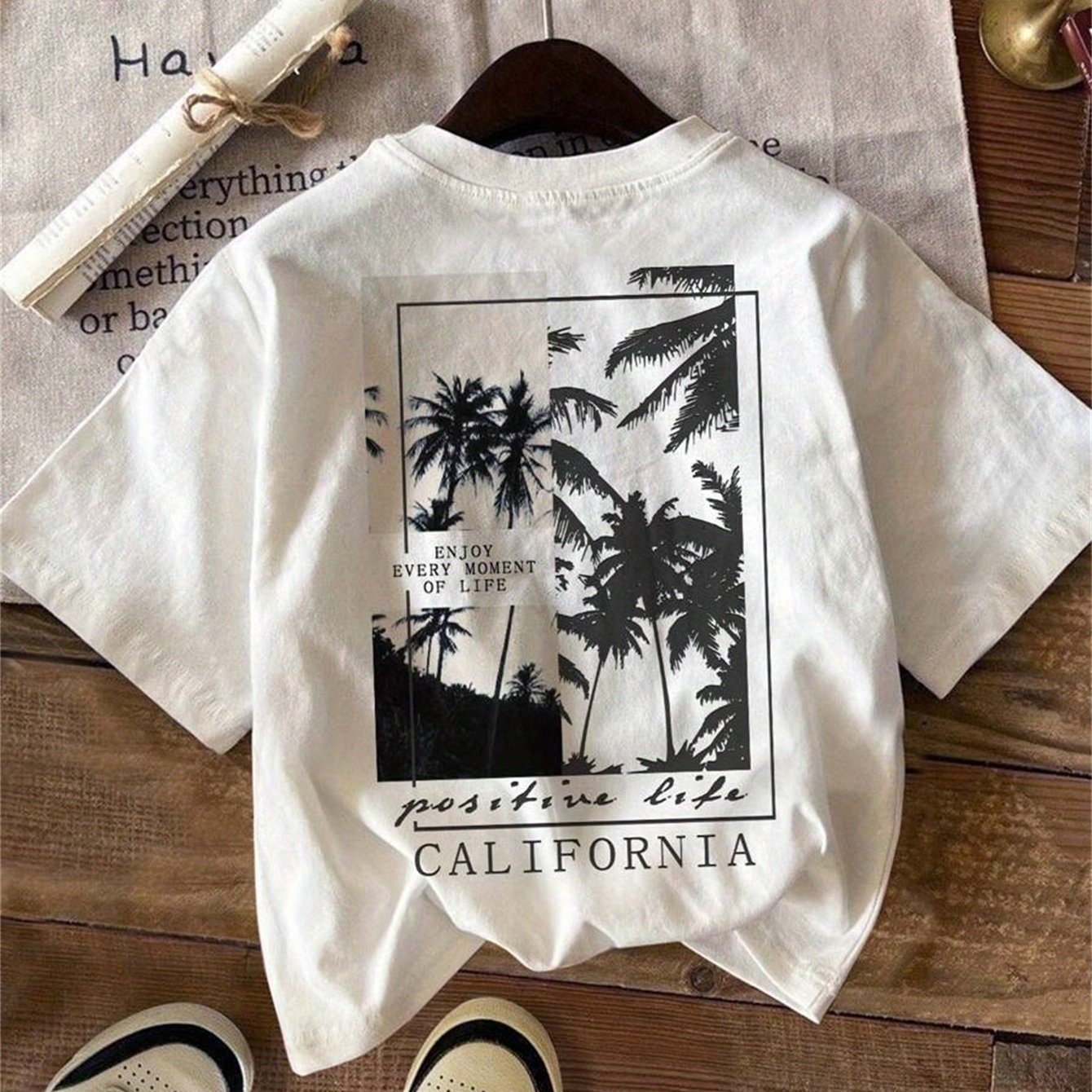 Boys' Casual California Palm Tree Graphic T-Shirt - White Crew Neck Short Sleeve Summer Top with \