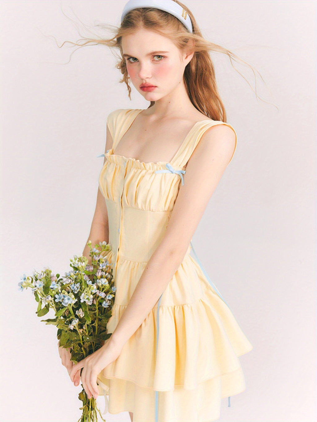 Los Angeles Dopamine Yellow Bow Princess Dress with Ruffled Skirt and Lace Detail - Sleeveless Mini Dress for Women, Perfect for All Seasons, Elegant and Chic Style, Cute Dress
