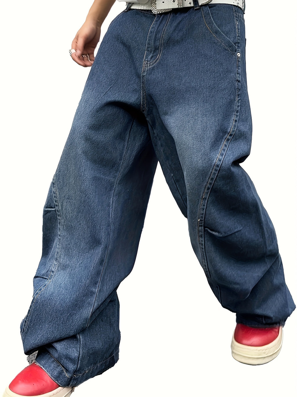 1pc Chinese Streetwear Men'S JeansHip-Hop Street Style American Retro Washed Trendy Long PantsHeavy-Duty Destroyed High-Street Men'S Jeans with Large PocketsAll-Season Wearable, Perfect for Daily Commuting