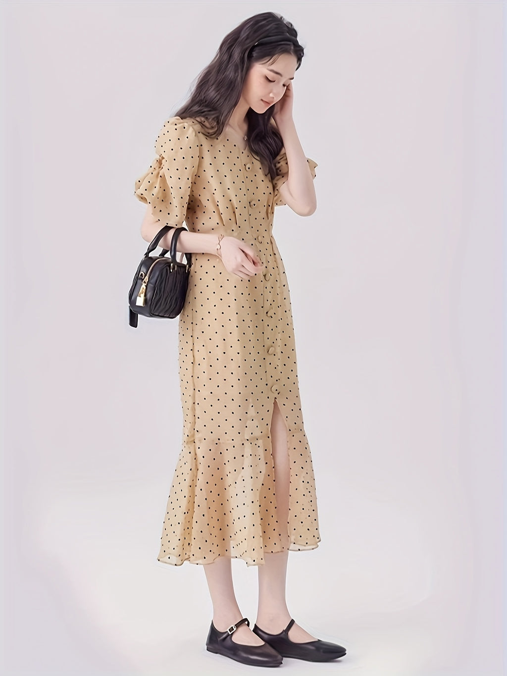 Elegant French-Inspired V-Neck Polka Dot Dress with Puff Sleeves - High Waist, Flowy Summer Dress for Women, Beige, Retro Style, Elegant Event Wear | Frenchinspired Dress | Polyester Fabric