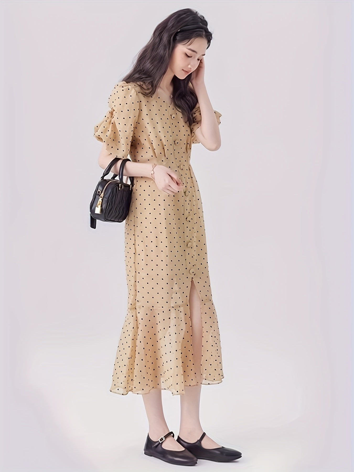 Elegant French-Inspired V-Neck Polka Dot Dress with Puff Sleeves - High Waist, Flowy Summer Dress for Women, Beige, Retro Style, Elegant Event Wear | Frenchinspired Dress | Polyester Fabric