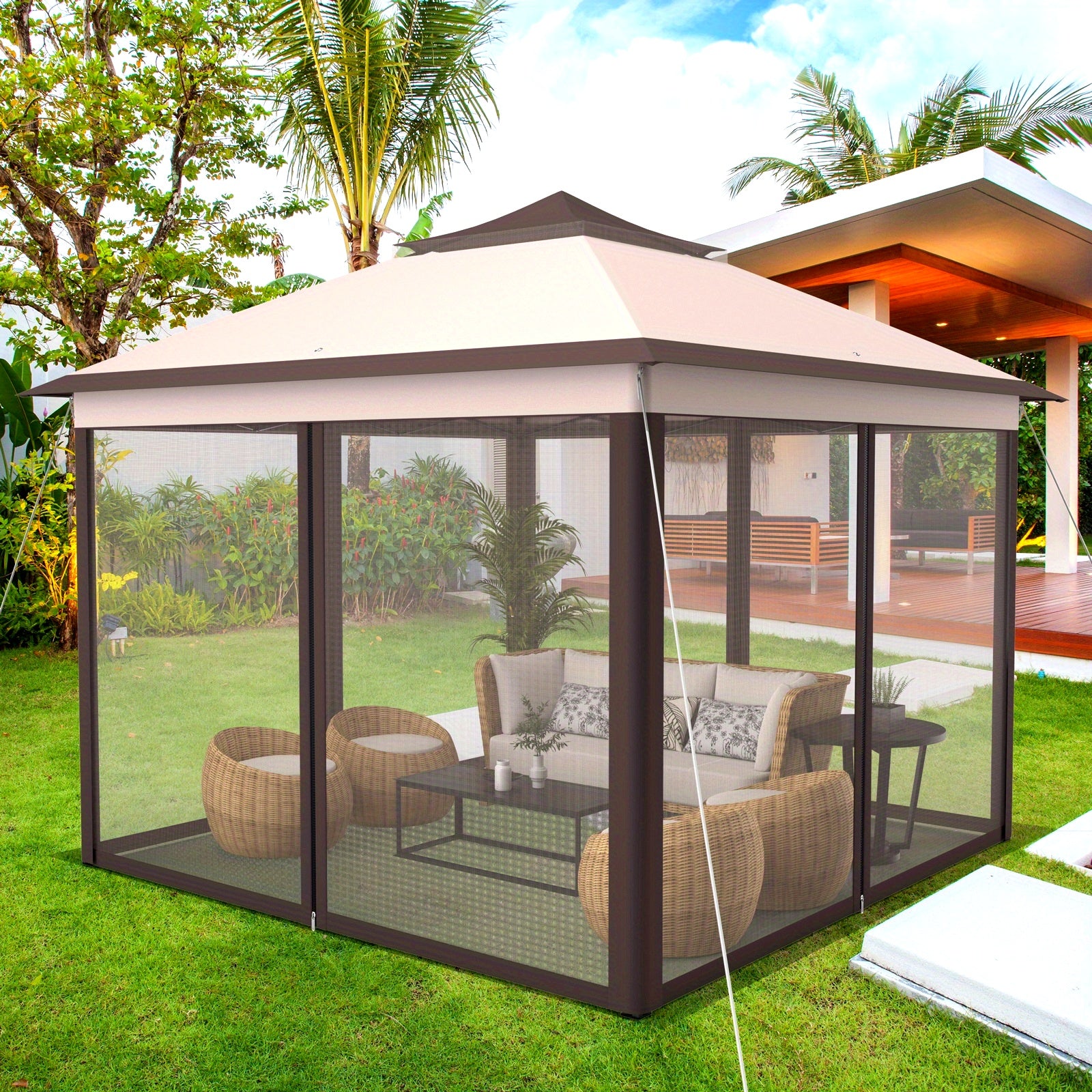 Lifezeal 11'x11' 2-Tier Pop-Up Gazebo Tent Portable Canopy Shelter Carry Bag Mesh Beige