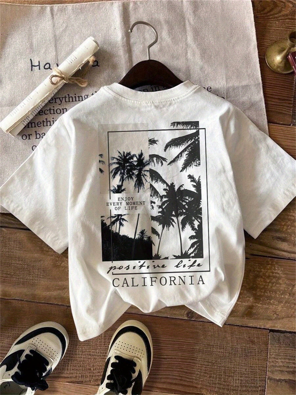 Boys' Casual California Palm Tree Graphic T-Shirt - White Crew Neck Short Sleeve Summer Top with \