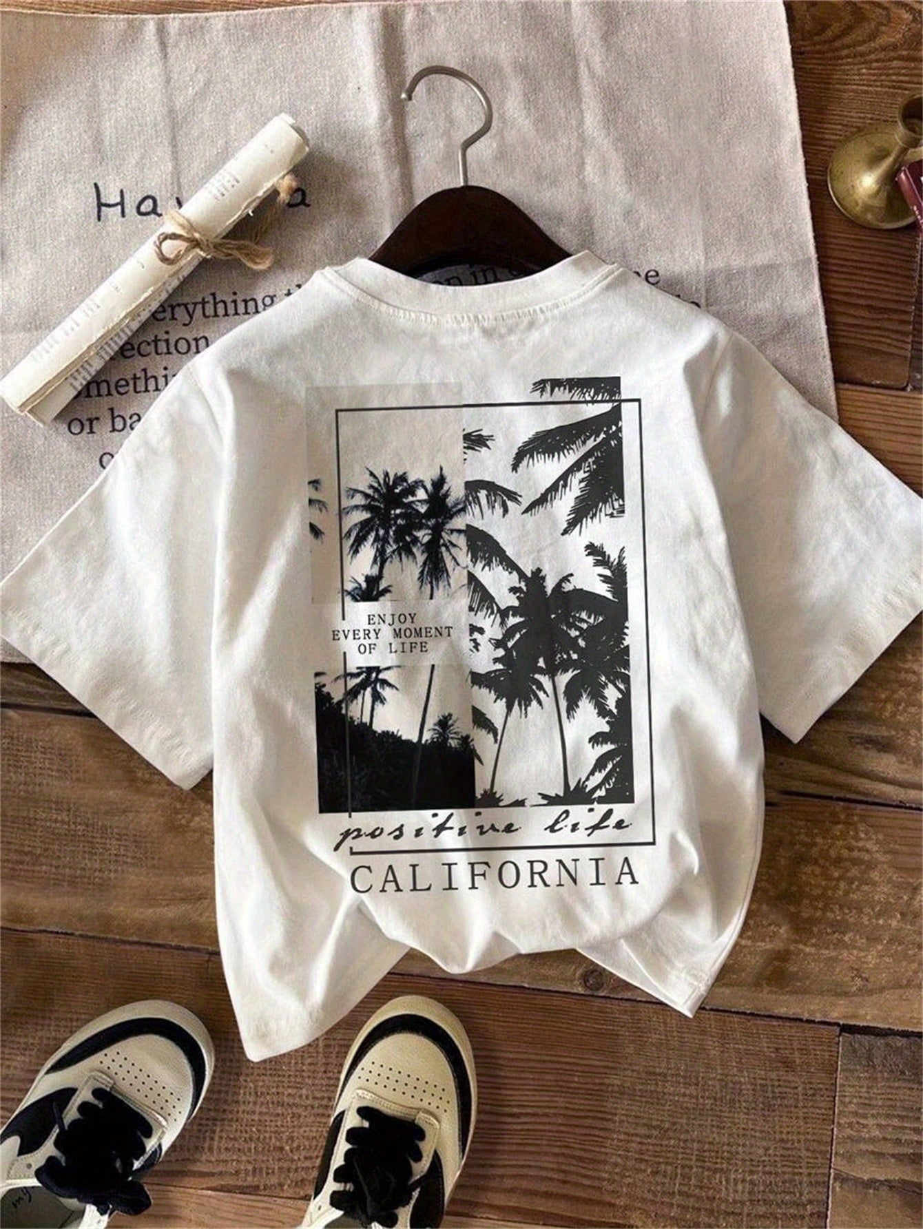 Boys' Casual California Palm Tree Graphic T-Shirt - White Crew Neck Short Sleeve Summer Top with \