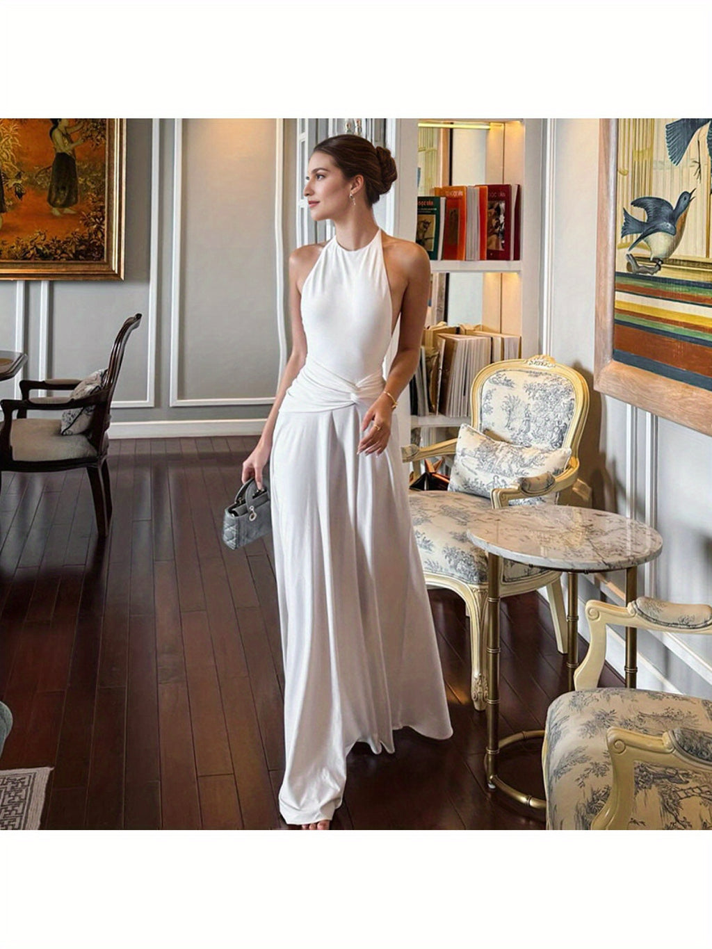 Elegant Women'S Halter Neck Backless Ruched Waist Dress - Sleeveless, Long Flowing Skirt, Solid Color, Perfect for Spring\u002FSummer\u002FFall, Formal Event Attire, Formal Event Dress | Sleeveless Fashion | Ruched Waist Design, Cute Dresses