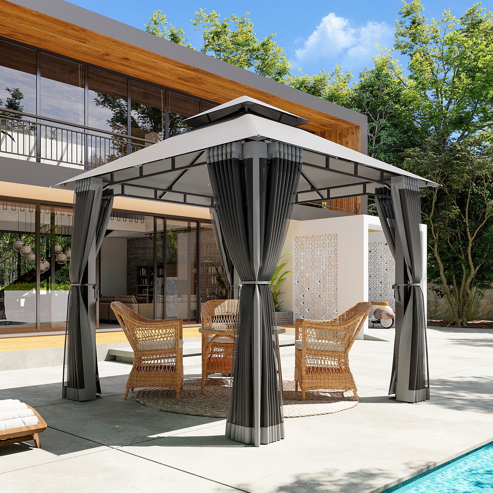 8x8\u002F10x10\u002F12x10ft Patio Gazebo Outdoor Gazebo with Double Roof Metal Frame Canopy Carpas Para Patio Heavy Duty Shelter with Mosquito Net Screen for Backyard Lawn Garden Deck(Grey\u002FBeige\u002FBlue)