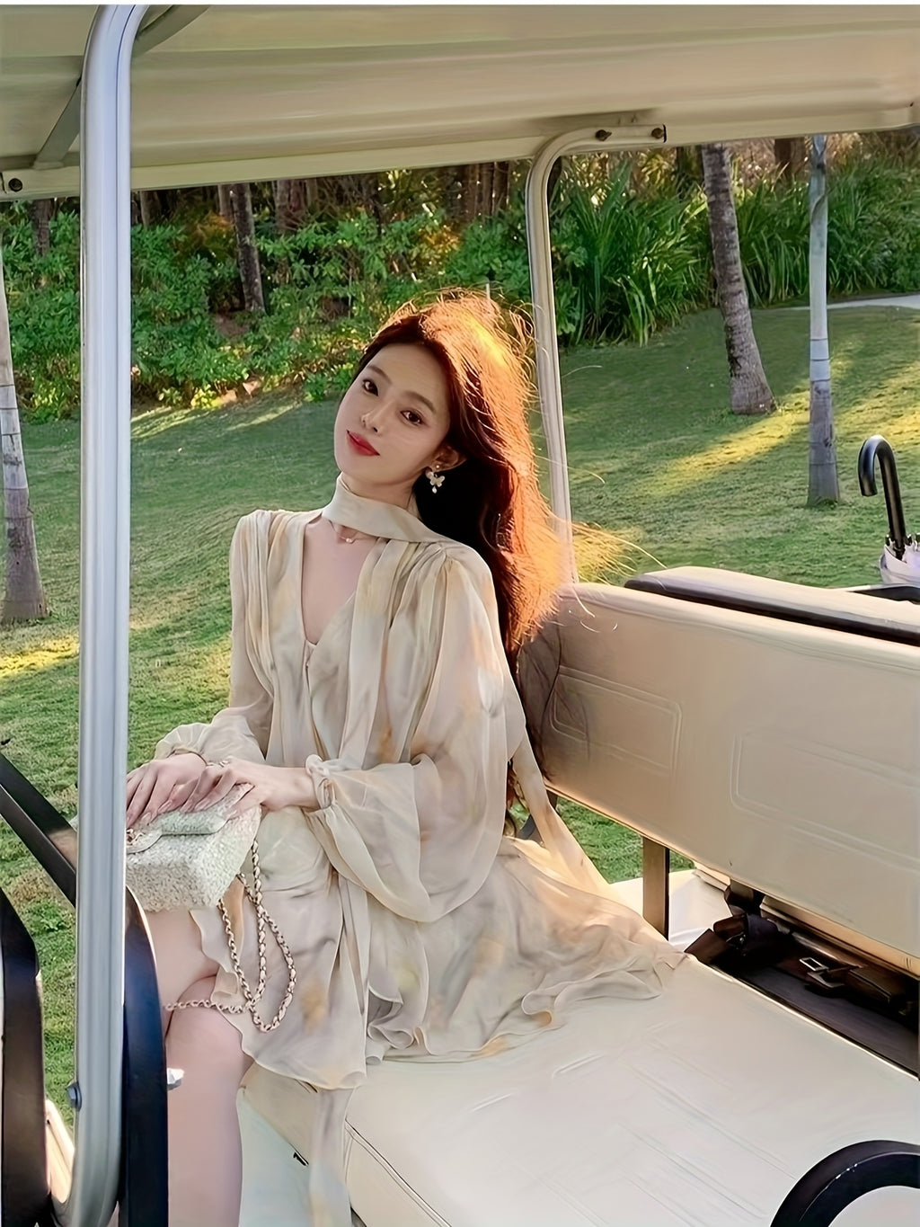 Elegant V-Neck Chiffon Dress with Puff Sleeves & Ruffled Hem - Long Sleeve, Tie-Waist, Floral Print, Ruffled Detail, Perfect for Spring\u002FFall, Adult Women'S Fashion, Casual Elegant Wear | Vneck Dress | Chiffon Fabric