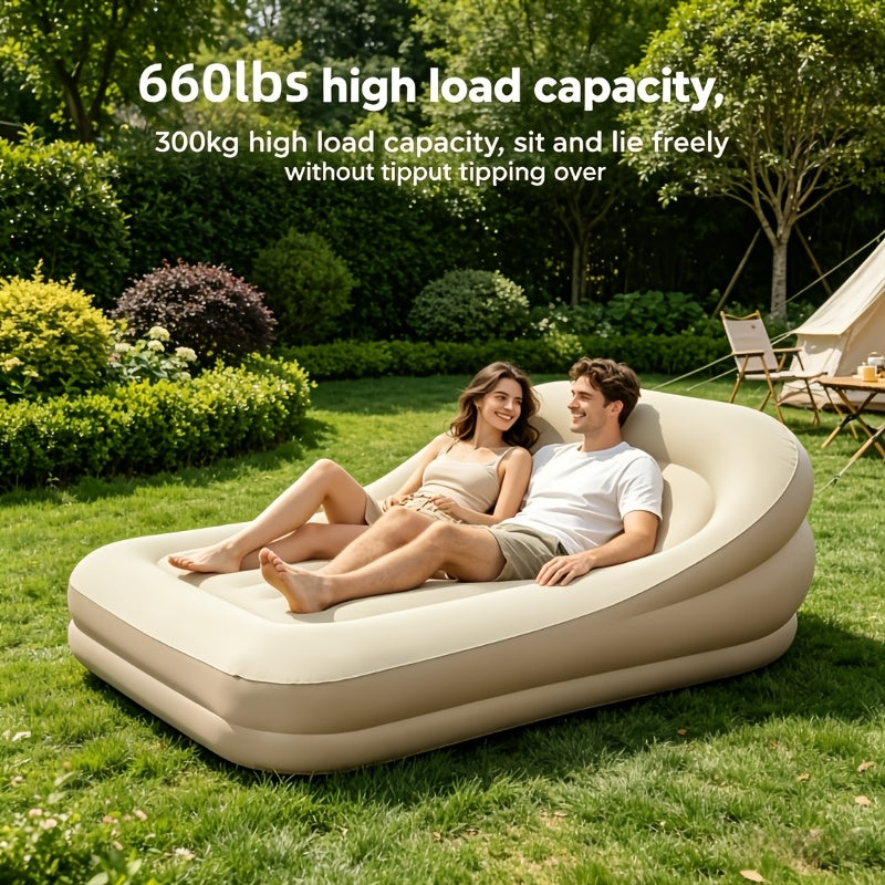 2-In-1 Inflatable Sofa Bed with Backrest, Portable Beige Air Mattress. Suitable for Garden, Balcony, Tent, Music Festival, Beach And Camping. Puncture-Resistant Heavy-Duty Inflatable Travel Bed, Ideal Outdoor Leisure Lounge Bed for Sunny Days