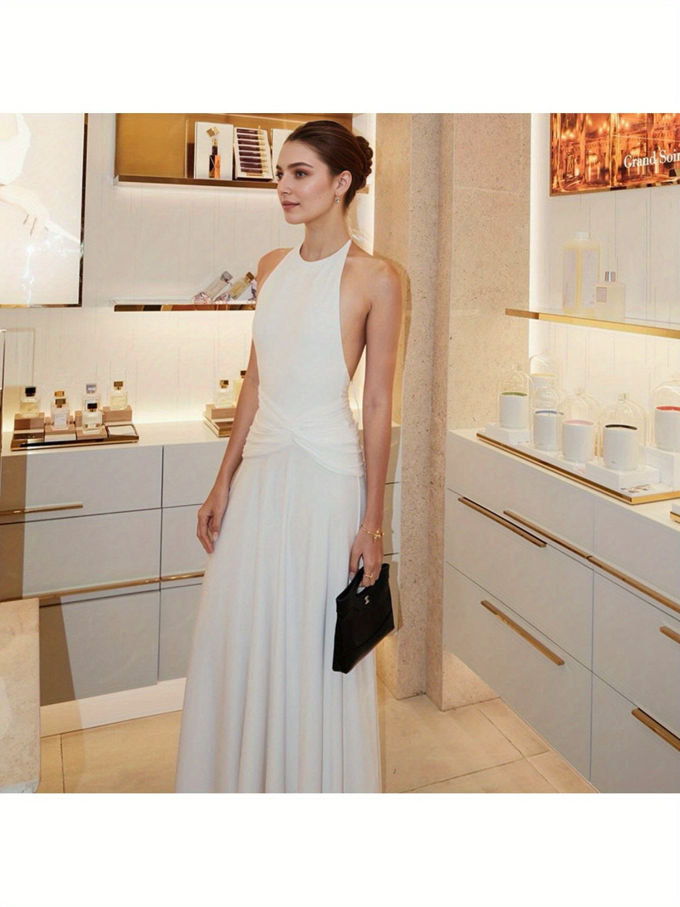 Elegant Women'S Halter Neck Backless Ruched Waist Dress - Sleeveless, Long Flowing Skirt, Solid Color, Perfect for Spring\u002FSummer\u002FFall, Formal Event Attire, Formal Event Dress | Sleeveless Fashion | Ruched Waist Design, Cute Dresses