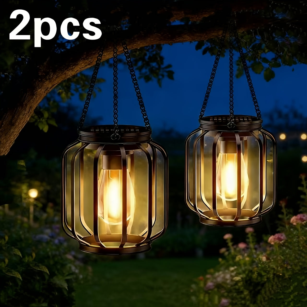 Two Solar Powered Outdoor Lantern Hanging Lights, IP65, Automatic Black Lantern Switch, Suitable for Porch, Garden, Wedding, Christmas, All Season Use, Built-In Solar Panel Retro Metal Outdoor Lighting Fixtures