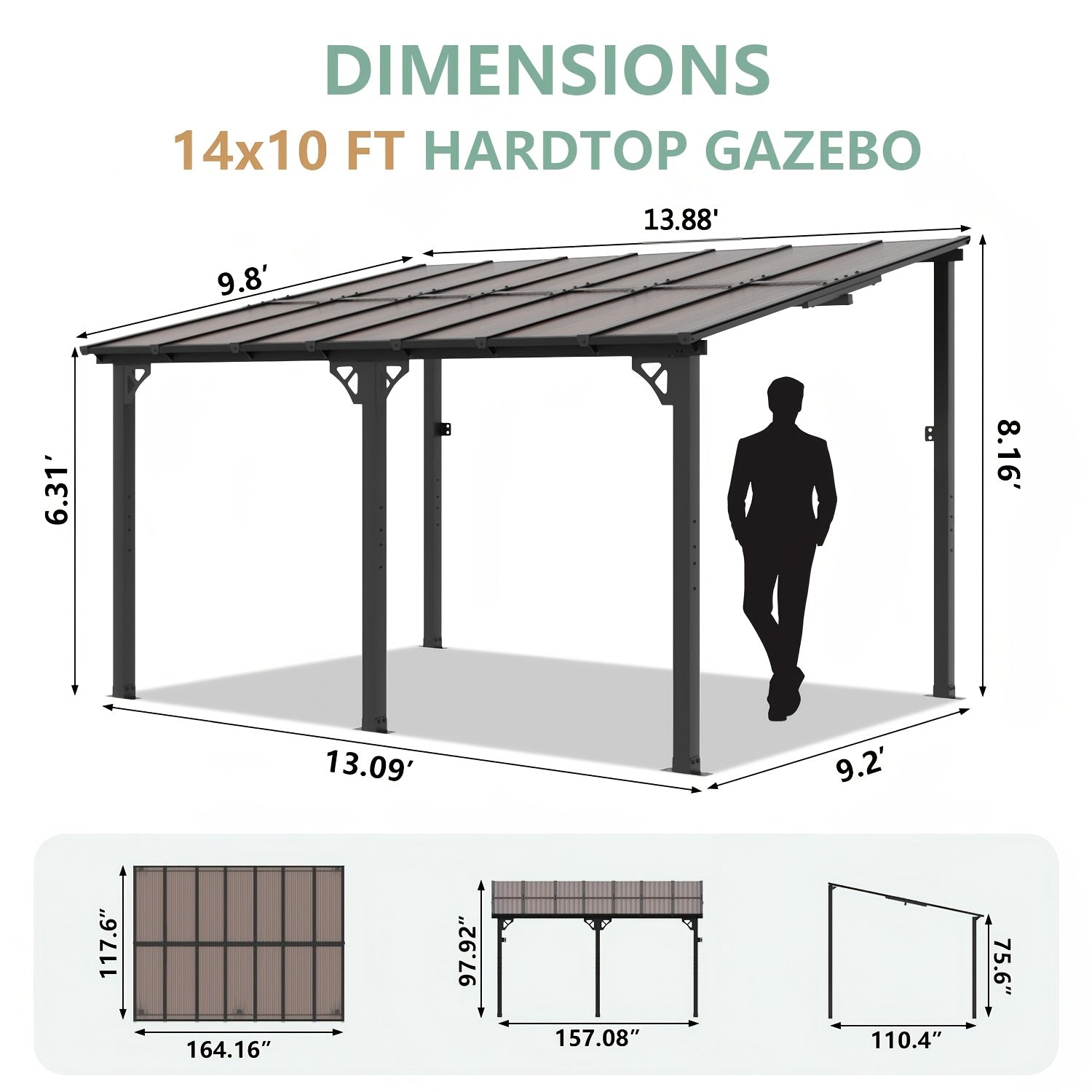 16' X 10' Gazebo - Hard Top Lean-To Wall Mounted Aluminum Alloy Awning with Canopy Roof, Outdoor All-Weather Cover for Patio, Backyard, Deck, Shade And Rain Protection