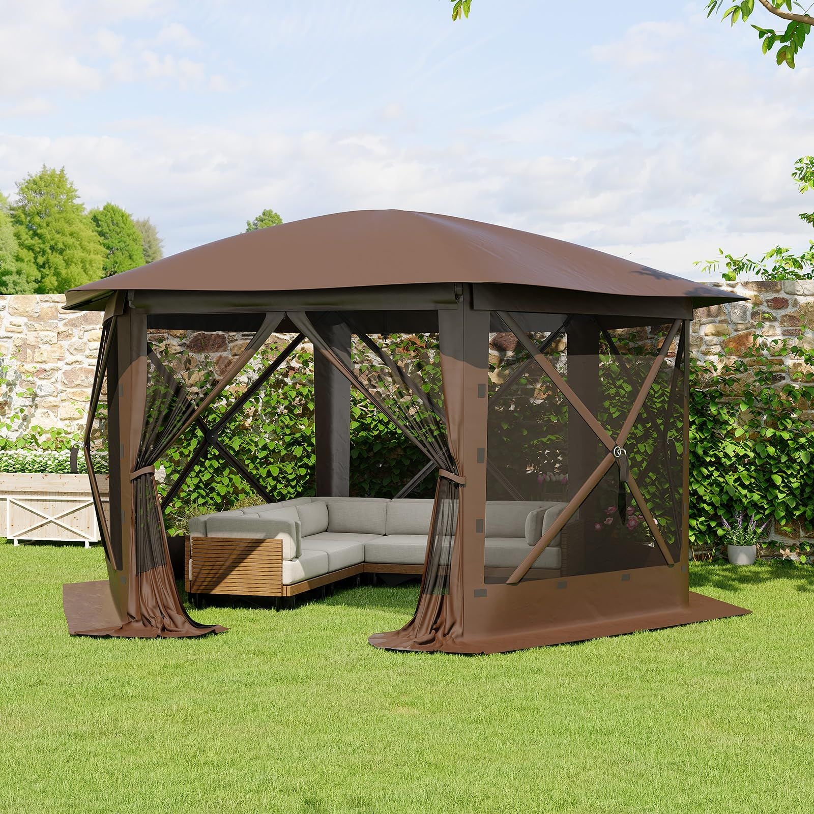 12ft Pop-Up Gazebo 6-Sided, Outdoor Canopy Tent with Mosquito Netting, Removable Canopy Top & Wind Cloths for Camping, Backyard Parties, Outdoor Events