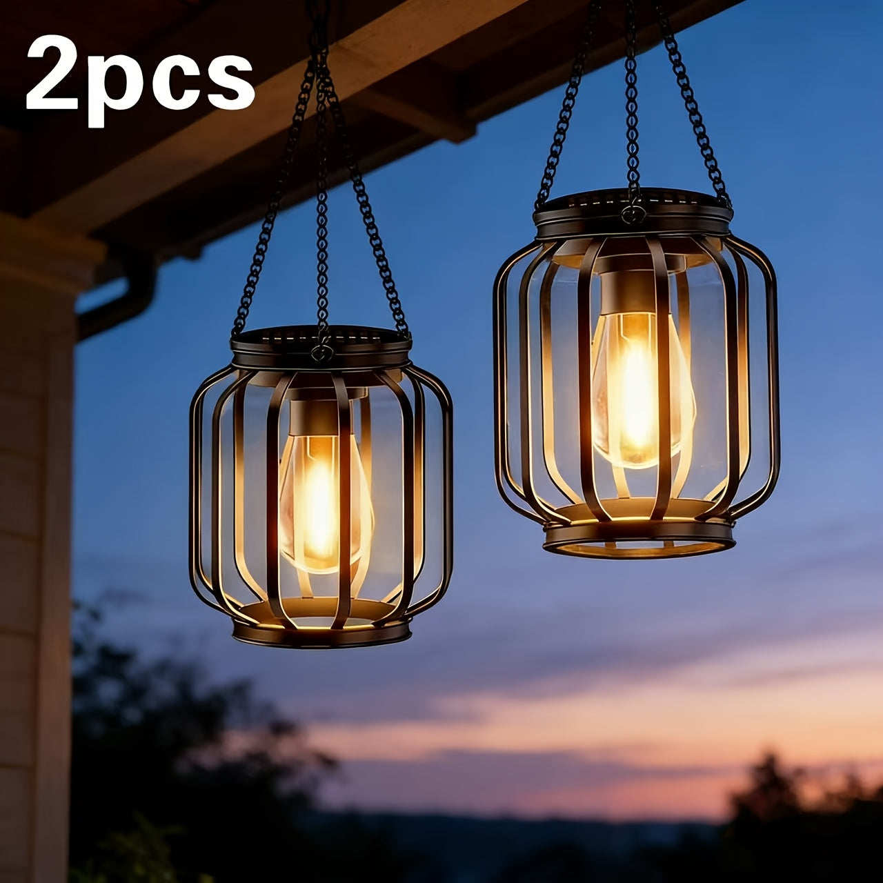 Two Solar Powered Outdoor Lantern Hanging Lights, IP65, Automatic Black Lantern Switch, Suitable for Porch, Garden, Wedding, Christmas, All Season Use, Built-In Solar Panel Retro Metal Outdoor Lighting Fixtures
