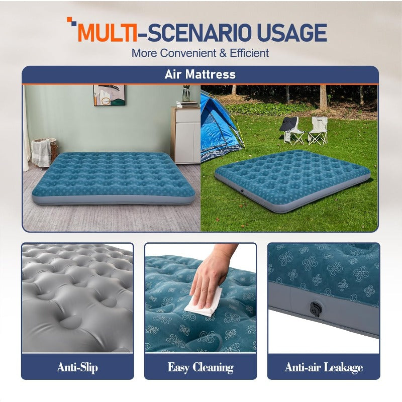 King Size Air Mattress Inflatable Bed with Flocking Surface - Heavy-Duty 250 lbs Capacity, Portable Sleeping Pad for Camping, Guest Bed, Home Use - Quick-Inflate Design, No Batteries\u002FElectricity, Durable & Comfortable, Blue & Patterned Flocking