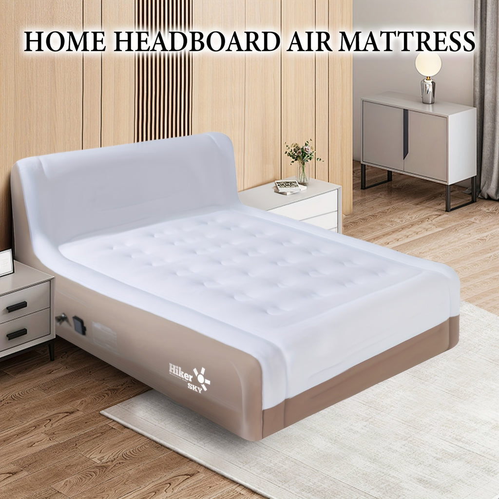 Deluxe Plush Queen Air Mattress With Headboard, Built-in Rechargeable Pump, 18 Inch Inflatable Mattress For Family Guest Travel Camping, Fabric And Dutch Velvet Blow Up Air Bed, 18'' Queen Khaki
