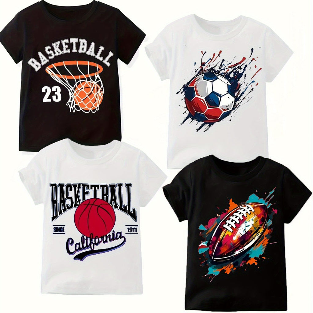 4pcs, T-shirt Suitable for Boys And Teenagersa Short-sleeved Round-neck Pullovers Summer Topwith Prints Of Football, Basketball And Rugby