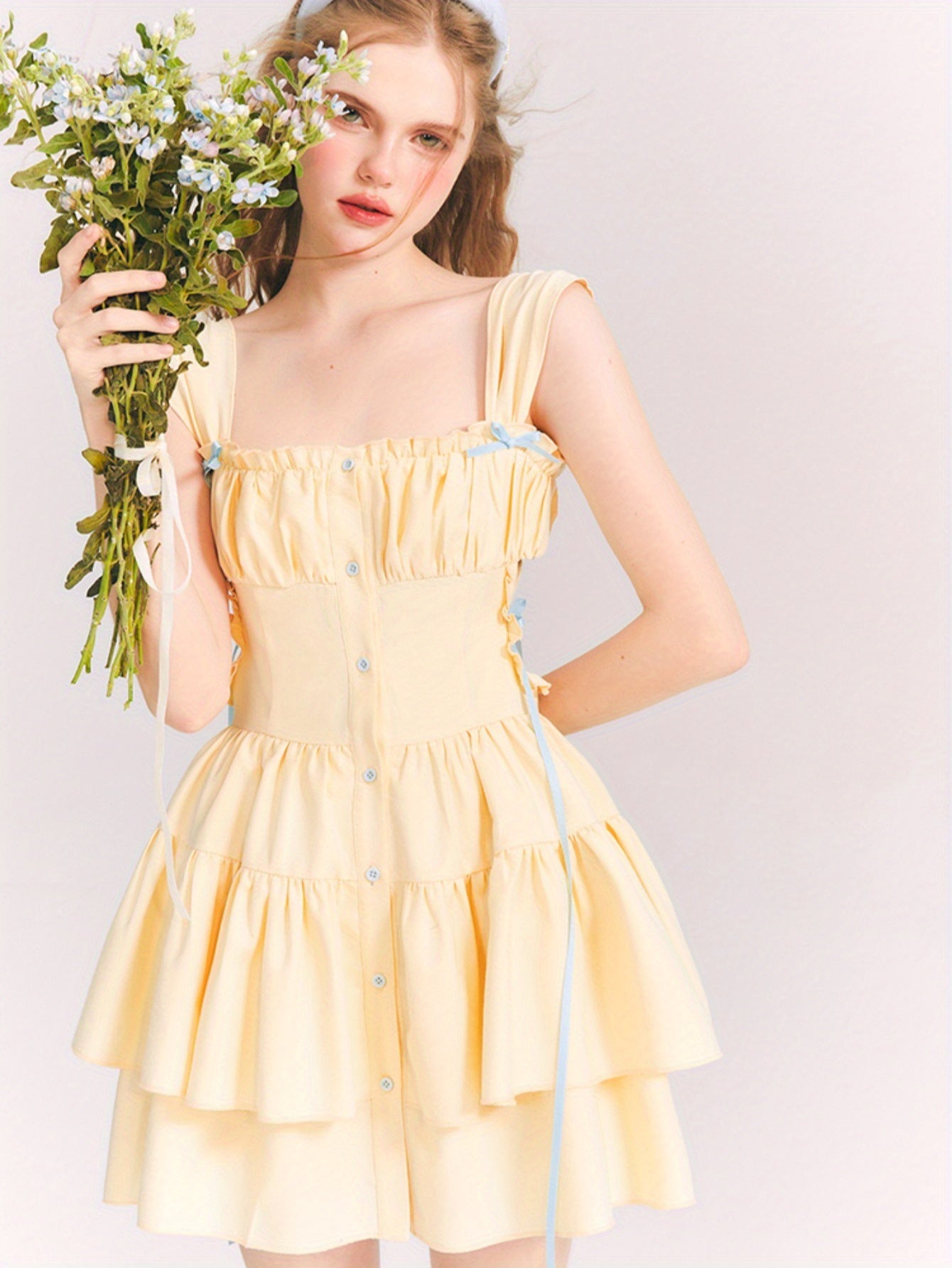 Los Angeles Dopamine Yellow Bow Princess Dress with Ruffled Skirt and Lace Detail - Sleeveless Mini Dress for Women, Perfect for All Seasons, Elegant and Chic Style, Cute Dress