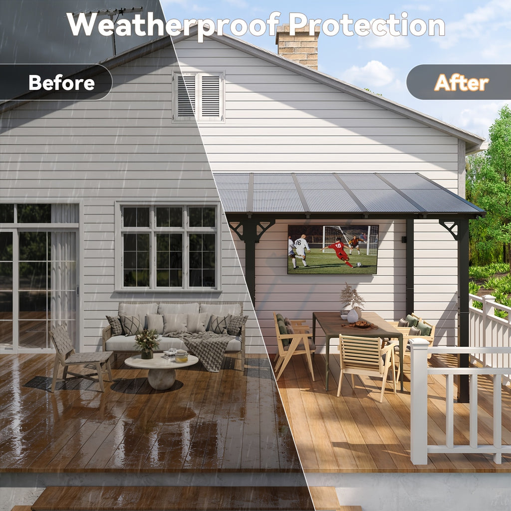 16' X 10' Gazebo - Hard Top Lean-To Wall Mounted Aluminum Alloy Awning with Canopy Roof, Outdoor All-Weather Cover for Patio, Backyard, Deck, Shade And Rain Protection