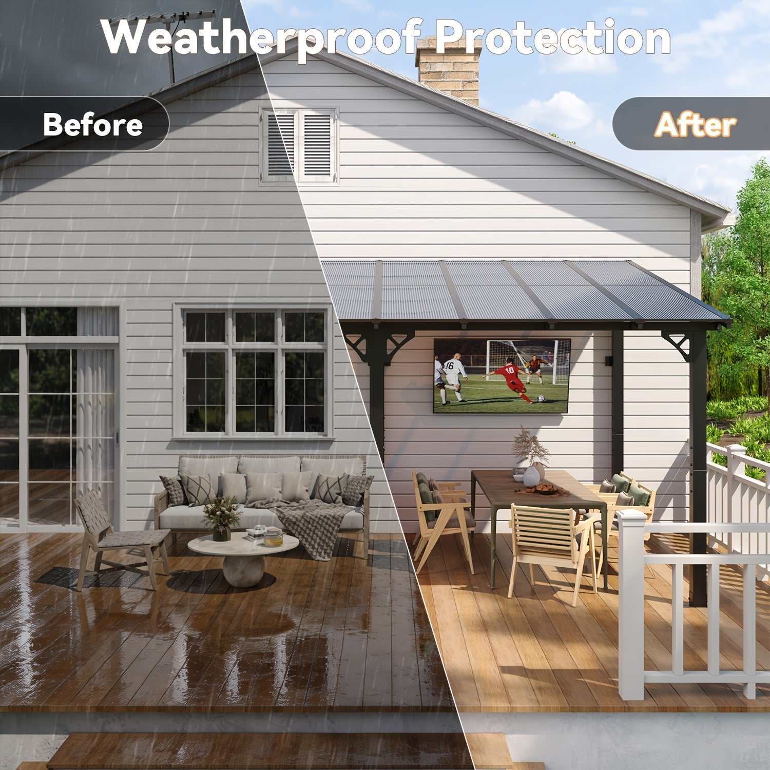 16' X 10' Gazebo - Hard Top Lean-To Wall Mounted Aluminum Alloy Awning with Canopy Roof, Outdoor All-Weather Cover for Patio, Backyard, Deck, Shade And Rain Protection