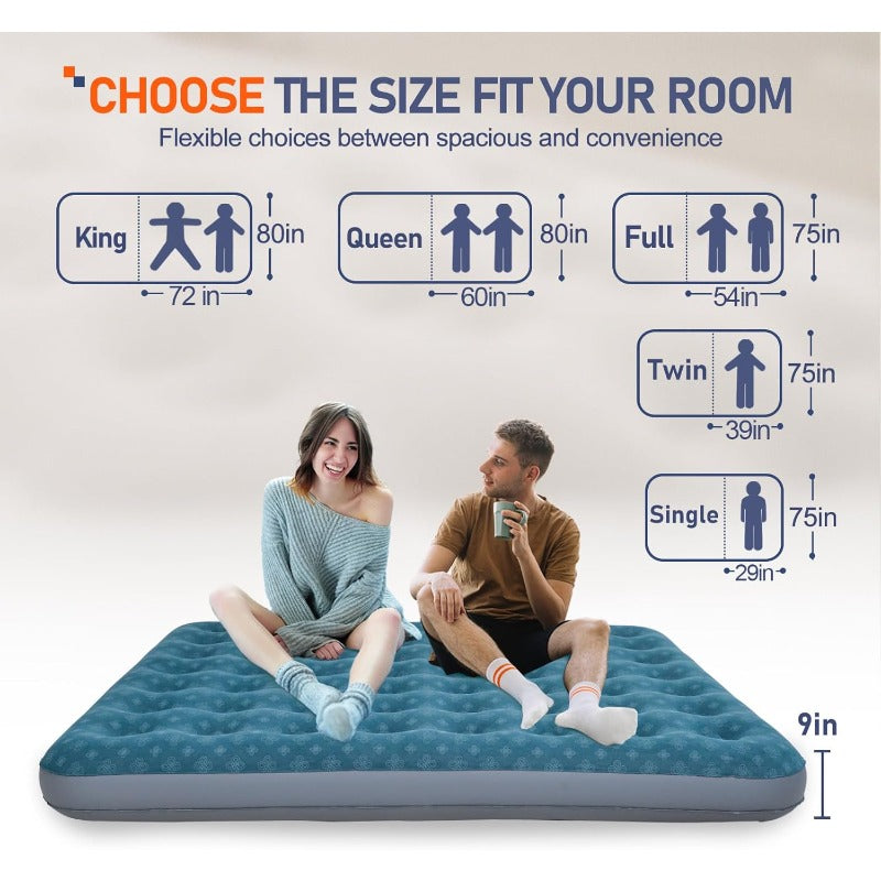 King Size Air Mattress Inflatable Bed with Flocking Surface - Heavy-Duty 250 lbs Capacity, Portable Sleeping Pad for Camping, Guest Bed, Home Use - Quick-Inflate Design, No Batteries\u002FElectricity, Durable & Comfortable, Blue & Patterned Flocking