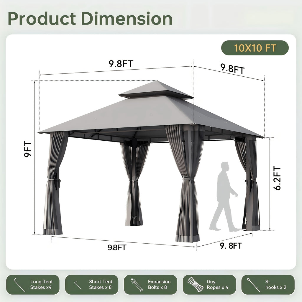 8x8\u002F10x10\u002F12x10ft Patio Gazebo Outdoor Gazebo with Double Roof Metal Frame Canopy Carpas Para Patio Heavy Duty Shelter with Mosquito Net Screen for Backyard Lawn Garden Deck(Grey\u002FBeige\u002FBlue)