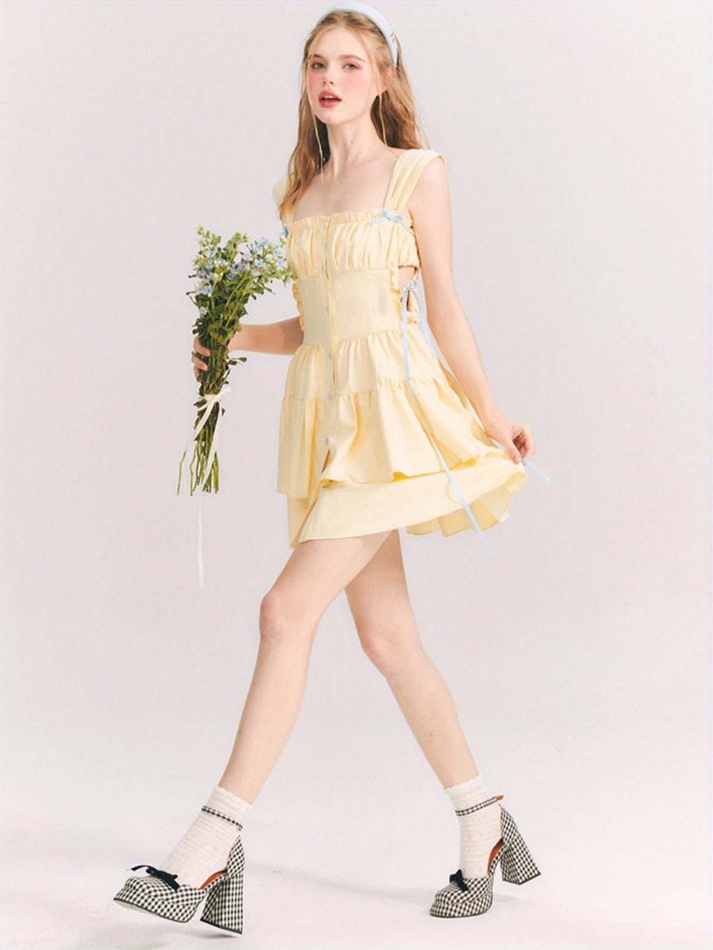 Los Angeles Dopamine Yellow Bow Princess Dress with Ruffled Skirt and Lace Detail - Sleeveless Mini Dress for Women, Perfect for All Seasons, Elegant and Chic Style, Cute Dress