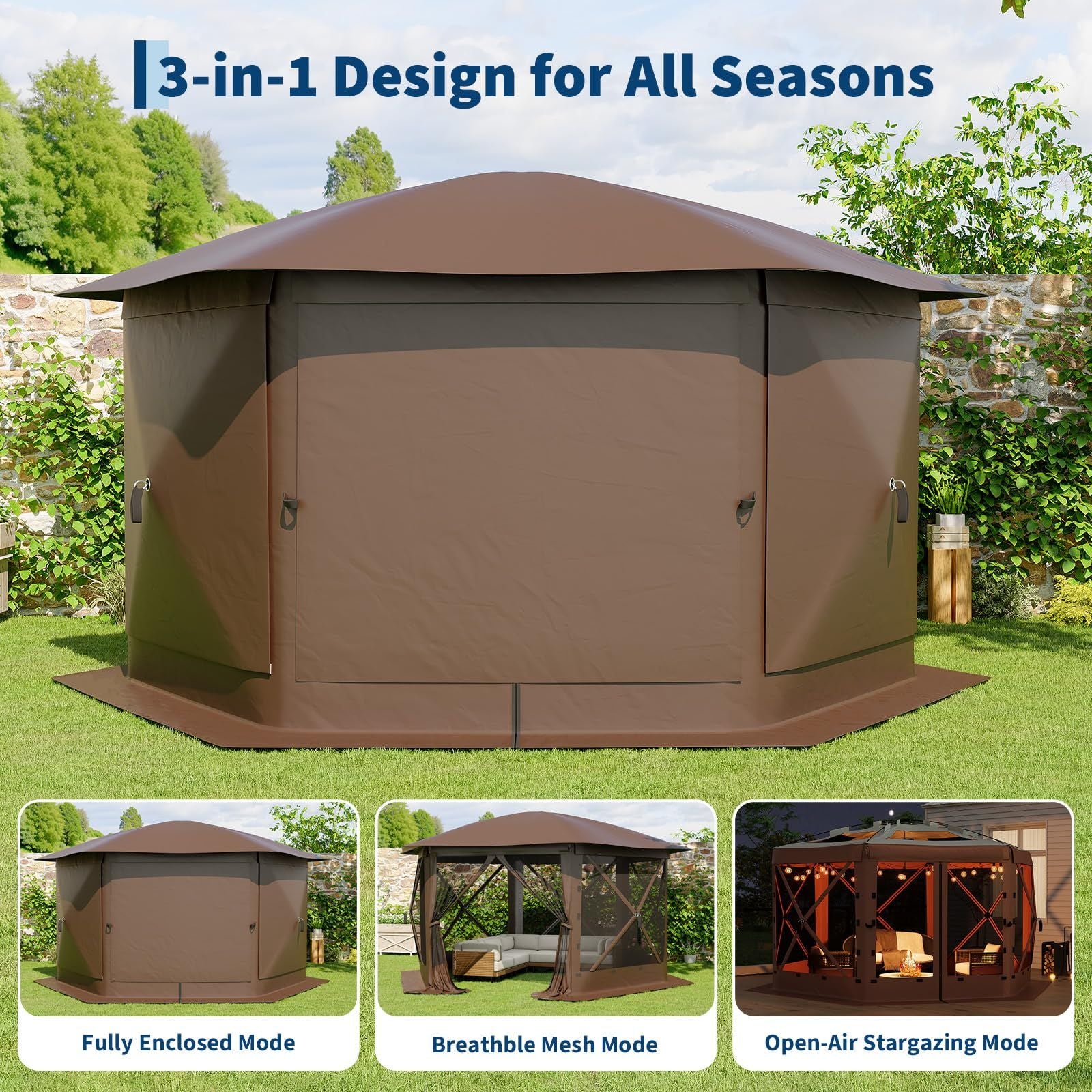 12ft Pop-Up Gazebo 6-Sided, Outdoor Canopy Tent with Mosquito Netting, Removable Canopy Top & Wind Cloths for Camping, Backyard Parties, Outdoor Events