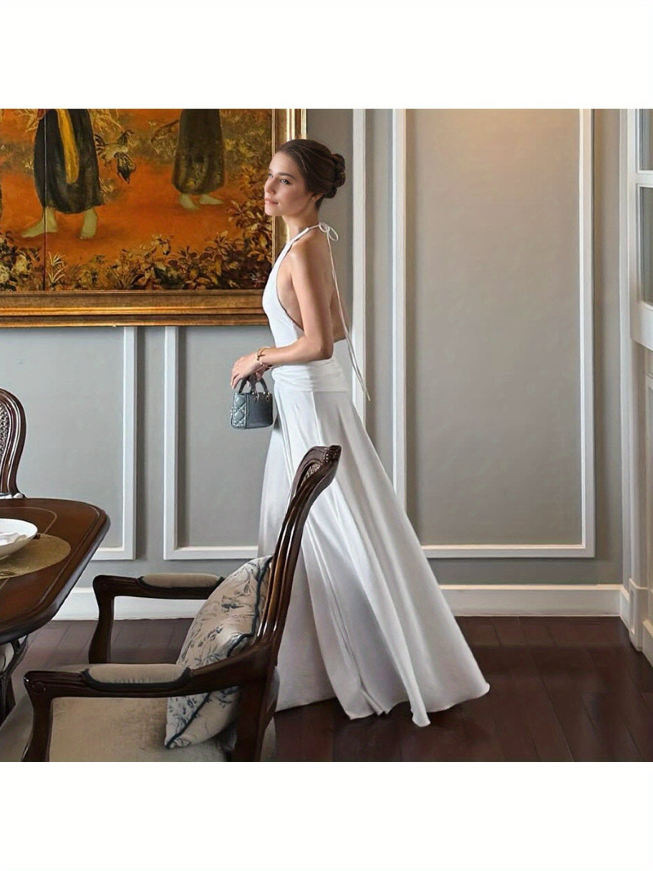 Elegant Women'S Halter Neck Backless Ruched Waist Dress - Sleeveless, Long Flowing Skirt, Solid Color, Perfect for Spring\u002FSummer\u002FFall, Formal Event Attire, Formal Event Dress | Sleeveless Fashion | Ruched Waist Design, Cute Dresses