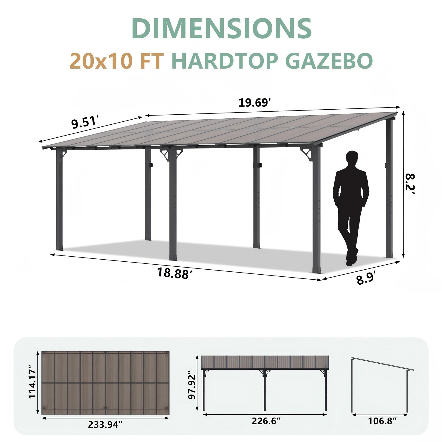 16' X 10' Gazebo - Hard Top Lean-To Wall Mounted Aluminum Alloy Awning with Canopy Roof, Outdoor All-Weather Cover for Patio, Backyard, Deck, Shade And Rain Protection