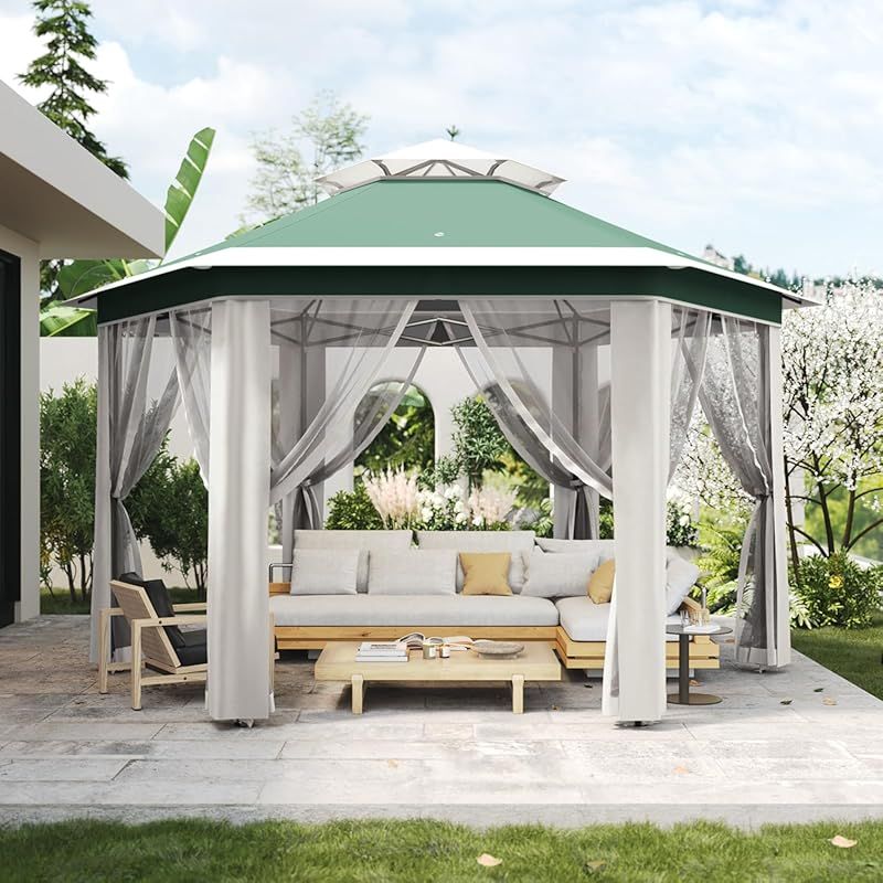 Spacious 13X13 FT Hexagonal Pop-Up Gazebo, Sturdy Steel Structure with Mesh Netting for Outdoor Patios, Backyards, And Decks