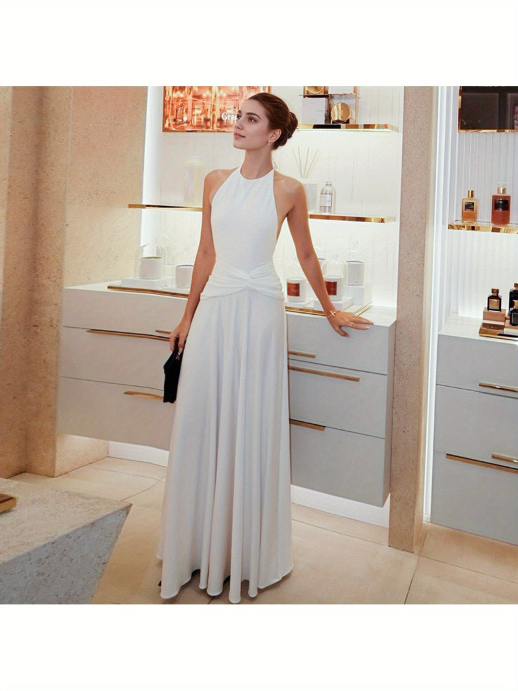Elegant Women'S Halter Neck Backless Ruched Waist Dress - Sleeveless, Long Flowing Skirt, Solid Color, Perfect for Spring\u002FSummer\u002FFall, Formal Event Attire, Formal Event Dress | Sleeveless Fashion | Ruched Waist Design, Cute Dresses