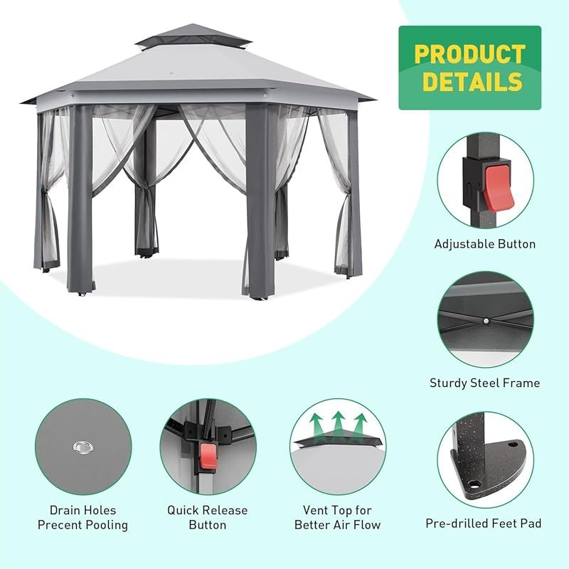 Spacious 13X13 FT Hexagonal Pop-Up Gazebo, Sturdy Steel Structure with Mesh Netting for Outdoor Patios, Backyards, And Decks